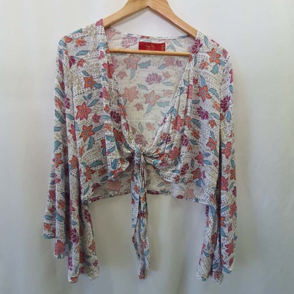 TIGERLILY Zautla Long Bell Sleeve Tie Front Floral Crop Top - Picture 9 of 12